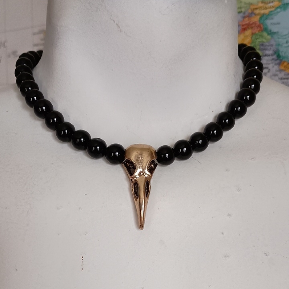 Black Onyx Necklace with Gold Skull Pendant
